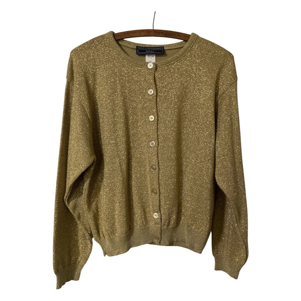 Norton McNaughton Petite Gold Sweater Size L Sparkly Christmas Holiday Cardigan